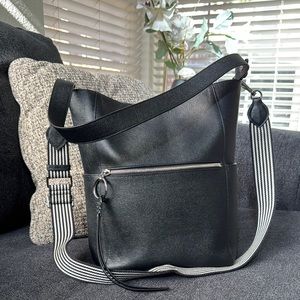 REBECCA MINKOFF 100% Genuine Black Leather Bucket Bag With Striped Strap EUC